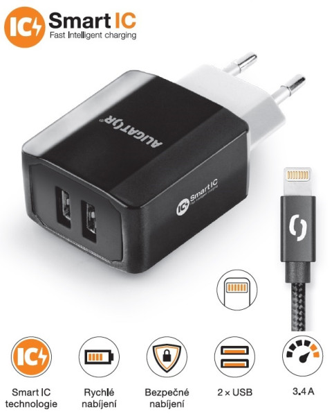 7-220 Chytrá síťová nabíječka ALIGATOR 3.4A, 2xUSB, smart IC, černá, kabel pro iPhone/iPad 2A