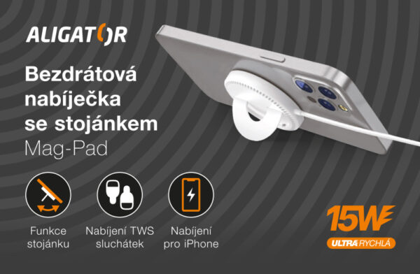 7-251 ALIGATOR bezdrátová nabíječka ALIGATOR Mag-Pad, určeno pro MagSafe, 15W, bílá