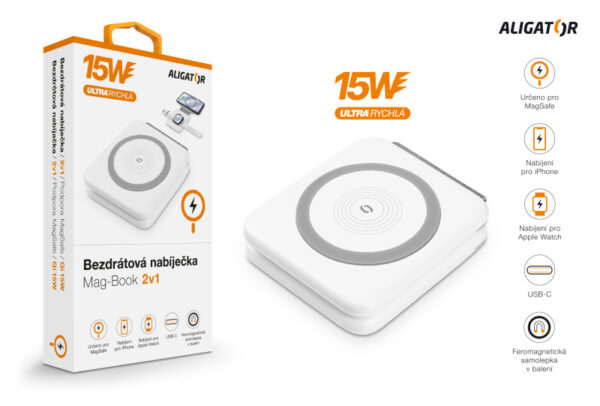 7-252 Bezdrátová nabíječka ALIGATOR Mag-Book 2v1, určeno pro MagSafe a nabíjení Apple Watch, 15W, bílá