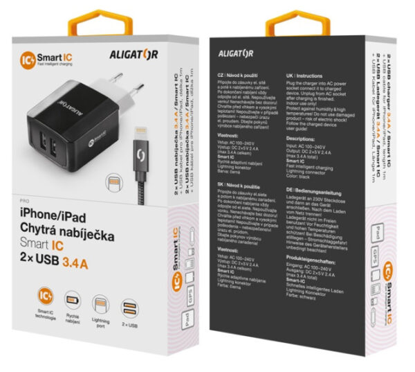 8-119 Chytrá síťová nabíječka ALIGATOR 3.4A, 2xUSB, smart IC, černá, kabel pro iPhone/iPad 2A