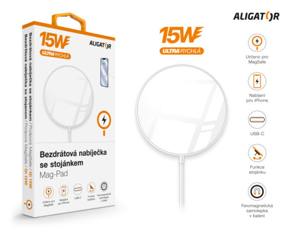 8-136 ALIGATOR bezdrátová nabíječka ALIGATOR Mag-Pad, určeno pro MagSafe, 15W, bílá