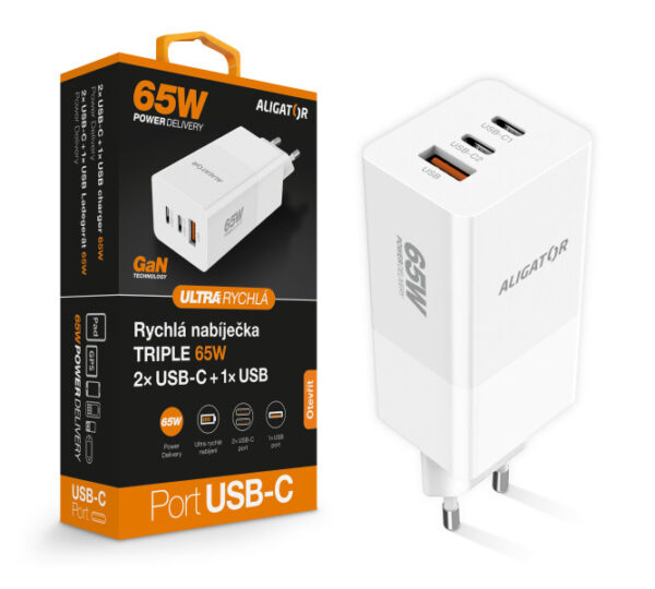 95ALN294_s Aligator nabíječka PD65W, 2USB-C, 1xUSB-A, bílá