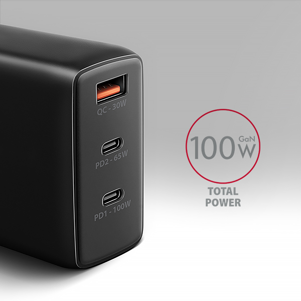 AXAGON ACU-DPQ100, GaN nabíječka do sítě 100W, 3x port (USB-A + dual USB-C), PD3.0/PPS/QC4+/Apple