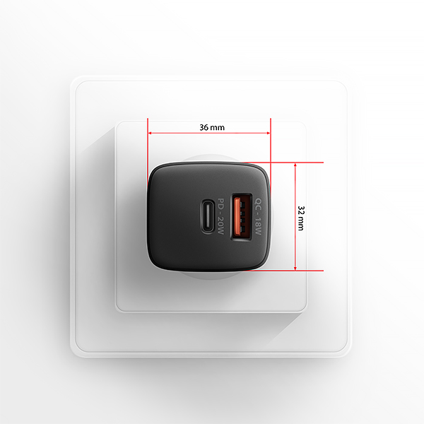 AXAGON ACU-PQ20, nabíječka do sítě 20W, 2x port (USB-A + USB-C), PD3.0/PPS/QC4+/AFC/Apple, černá