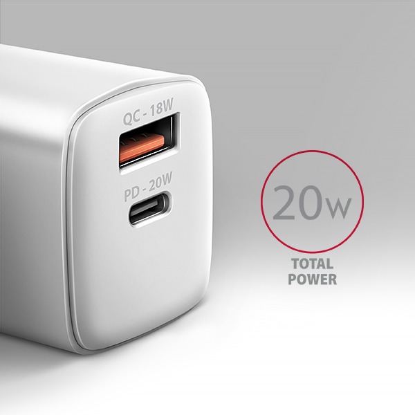 AXAGON ACU-PQ20W, nabíječka do sítě 20W, 2x port (USB-A + USB-C), PD3.0/PPS/QC4+/AFC/Apple, bílá