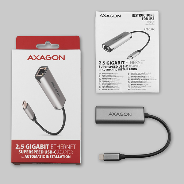 ADE-25RC-A_all-600 AXAGON ADE-25RC USB-C 3.2 Gen 1 - 2.5 Gigabit Ethernet síťová karta, Realtek 8156, auto install,šedá