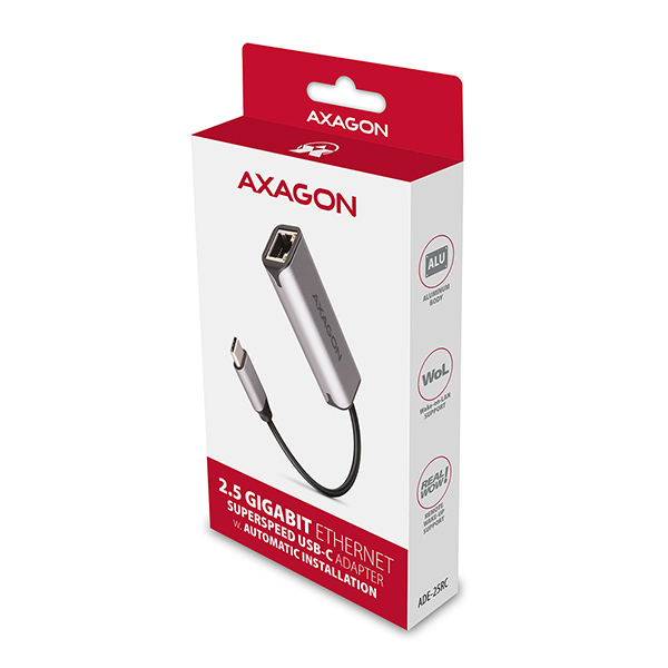 ADE-25RC-b_box-600 AXAGON ADE-25RC USB-C 3.2 Gen 1 - 2.5 Gigabit Ethernet síťová karta, Realtek 8156, auto install,šedá