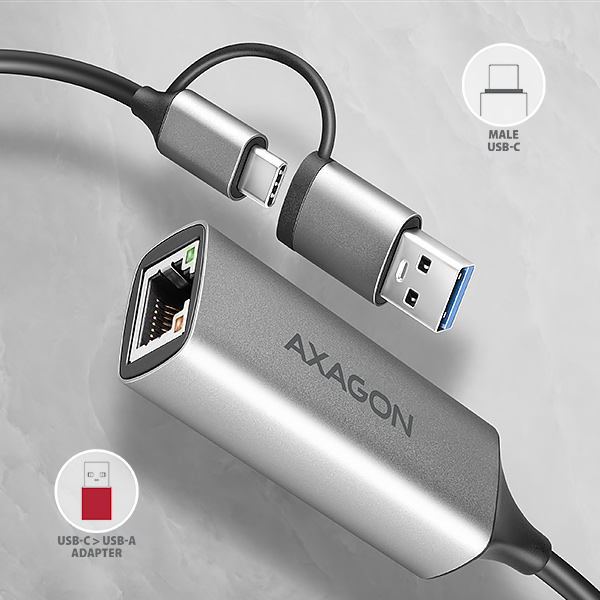 ADE-TXCA-05_kabel-600 AXAGON ADE-TXCA, USB-C + USB-A 3.2 Gen 1 - Gigabit Ethernet síťová karta, Asix AX88179, auto instal
