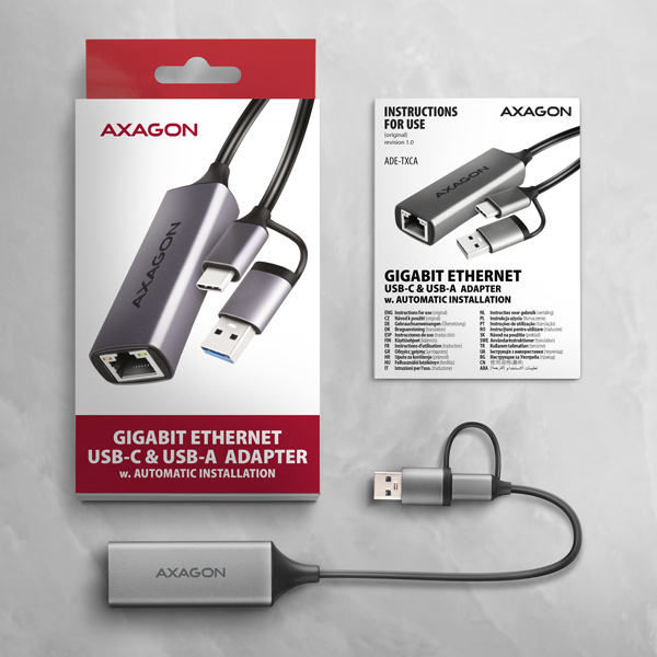 ADE-TXCA-A_all-600 AXAGON ADE-TXCA, USB-C + USB-A 3.2 Gen 1 - Gigabit Ethernet síťová karta, Asix AX88179, auto instal