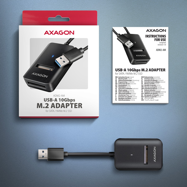 AXAGON ADM2-AM USB-A 10Gbps - M.2 NVMe & SATA SSD adaptér, kabel USB-A 10cm