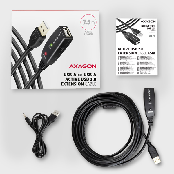 AXAGON ADR-207, USB 2.0 A-M -> A-F aktivní prodlužovací / repeater kabel, 7.5m