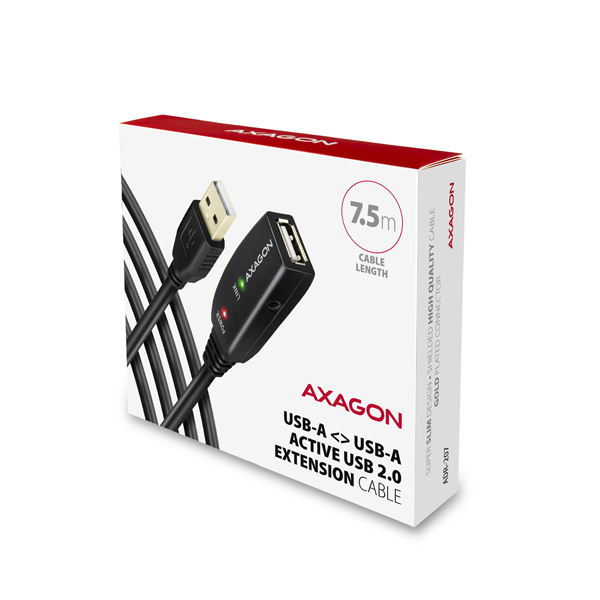 AXAGON ADR-207, USB 2.0 A-M -> A-F aktivní prodlužovací / repeater kabel, 7.5m