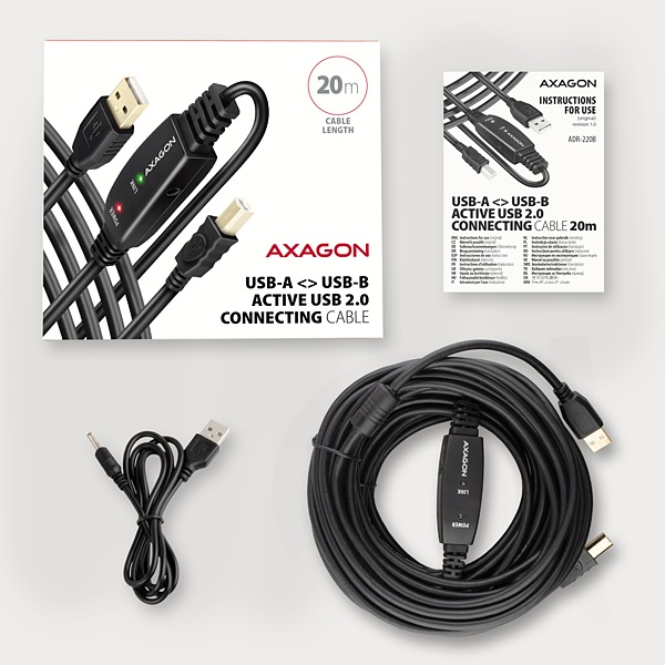 AXAGON ADR-220B, USB 2.0 A-M -> B-M aktivní propojovací / repeater kabel, 20m