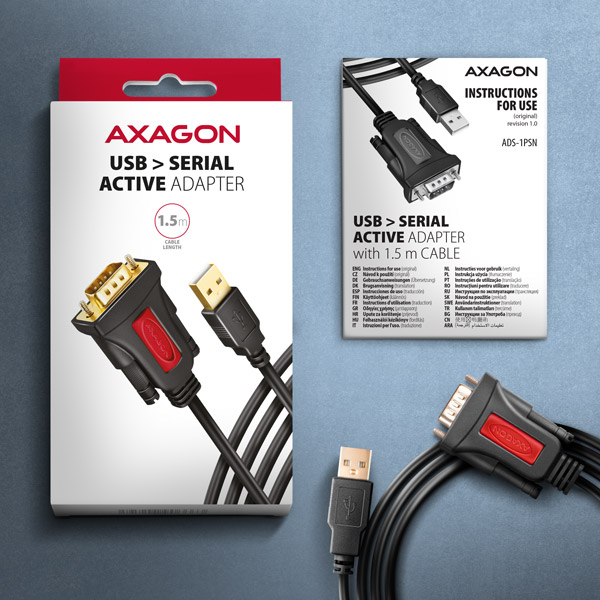 ADS-1PSN-A_All-600 AXAGON ADS-1PSN, USB-A 2.0 - sériový RS-232 DB9-M Prolific adaptér / kabel 1.5m