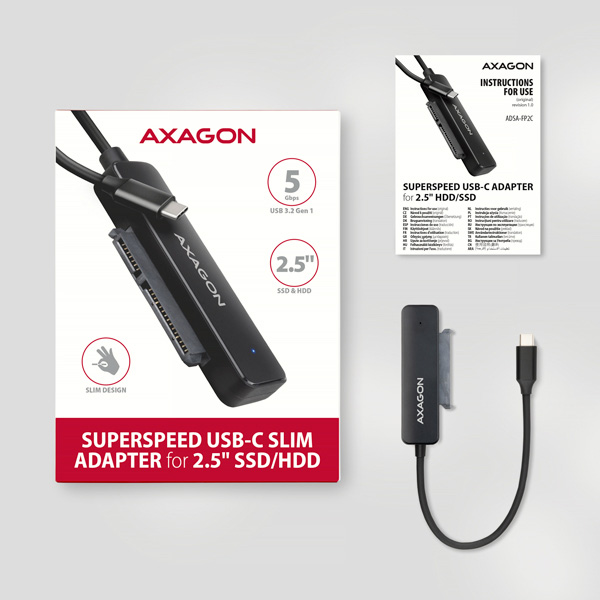 ADSA-FP2C-A_all-600 AXAGON ADSA-FP2C, USB-C 5Gbps - SATA 6G 2.5" SSD/HDD SLIM adaptér