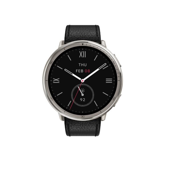 Amazfit-Active-2-NFC-Black-Leather-Round-Front Amazfit Active 2 Round NFC/Silver/Elegant Band/Black Leather