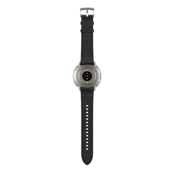 Amazfit-Active-2-NFC-Black-Leather-Round-Unbuttoned-Back Amazfit Active 2 Round NFC/Silver/Elegant Band/Black Leather