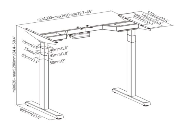 Výškově stavitelná stolová podnož Brateck M08-23DE 2 motory rozsah 620-1280 mm nosnost 100 kg
