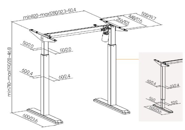 BRS0322DE_rozmery Výškově stavitelná stolová podnož Brateck S03-22DE 1 motor rozsah 710-1190 mm nosnost 80 kg
