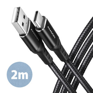 BUCM-AM20AB-00_hlavni-600_s AXAGON BUCM-AM20AB, HQ kabel USB-C <-> USB-A, 2m, USB 2.0, 3A, ALU, oplet, černý