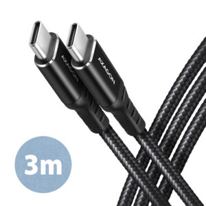 BUCM-CM30AB-00_hlavni-600_s AXAGON BUCM-CM30AB, HQ kabel USB-C <-> USB-C, 3m, USB 2.0, PD 60W 3A, ALU, oplet, černý
