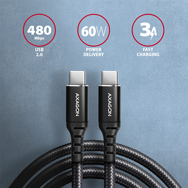 BUCM-CMxxAB-01_vrch-600-2 AXAGON BUCM-CM20AB, HQ kabel USB-C <-> USB-C, 2m, USB 2.0, PD 60W 3A, ALU, oplet, černý