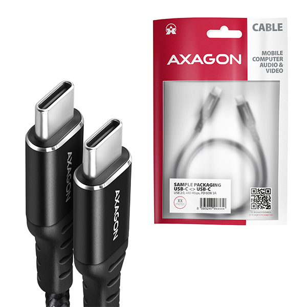 BUCM-CMxxAB-06_all-600-2 AXAGON BUCM-CM20AB, HQ kabel USB-C <-> USB-C, 2m, USB 2.0, PD 60W 3A, ALU, oplet, černý