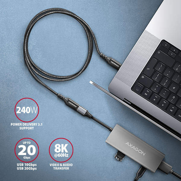 BUCM32-CFxxAB-03_rychlost-600 AXAGON BUCM32-CF10AB prodlužovací kabel USB-C (M) <-> USB-C (F), 1m, USB 20Gbps, PD 240W, ALU, oplet