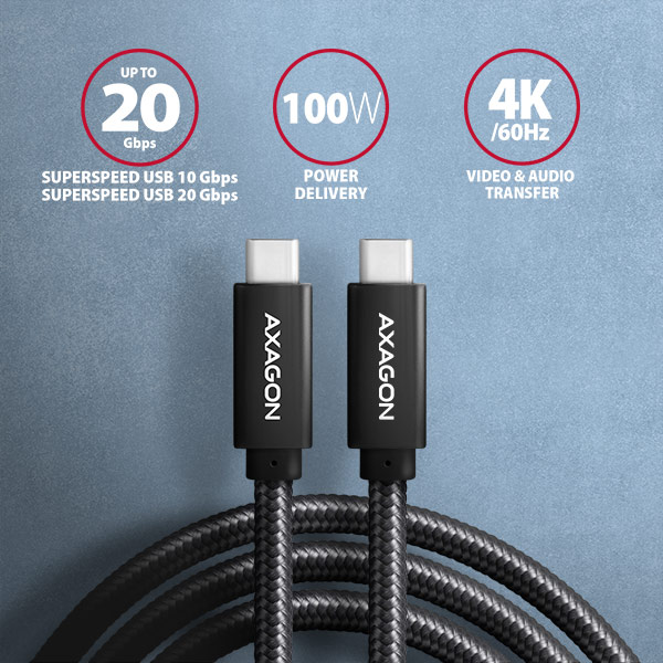 AXAGON BUCM32-CM10AB, SPEED+ kabel USB-C <-> USB-C, 1m, USB 20Gbps, PD 100W 5A, 4K HD, ALU, oplet