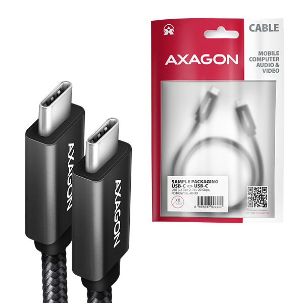 AXAGON BUCM32-CM10AB, SPEED+ kabel USB-C <-> USB-C, 1m, USB 20Gbps, PD 100W 5A, 4K HD, ALU, oplet