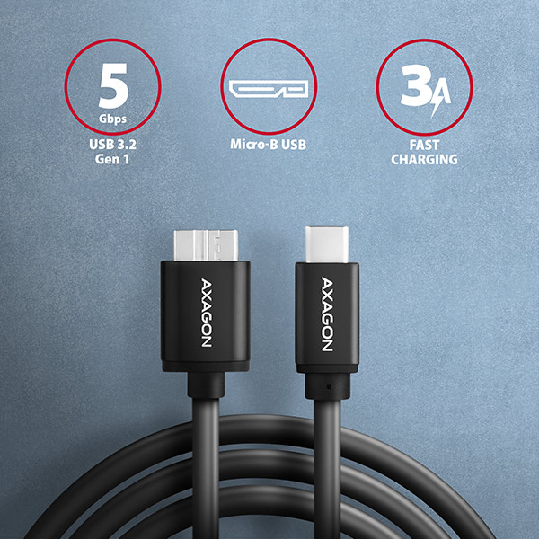 BUMM3-CM10AB-01_vrch-600 AXAGON BUMM3-CM10AB, SPEED kabel Micro-B USB <-> USB-C, 1m, USB 3.2 GEN 1, 3A, ALU, tpe, černý