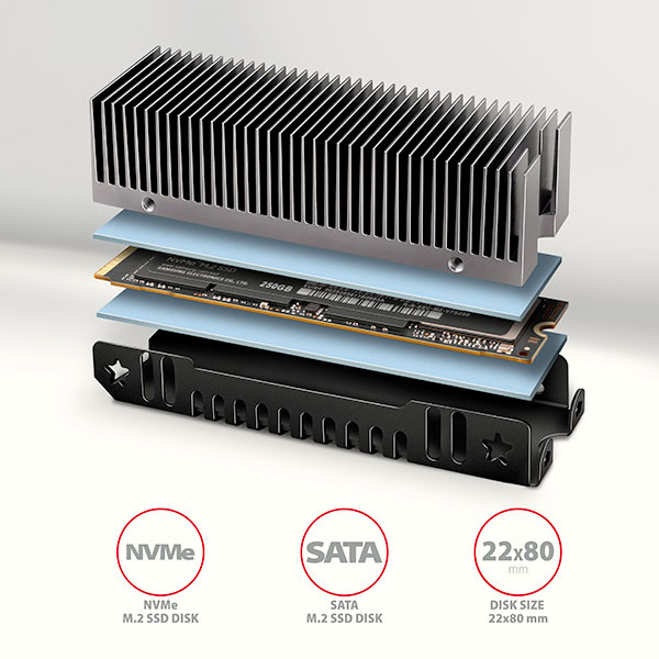 CLR-M2XT-01_disk-600 AXAGON CLR-M2XT, hliníkový pasivní chladič pro jedno i oboustranný M.2 SSD disk, výška 24 mm