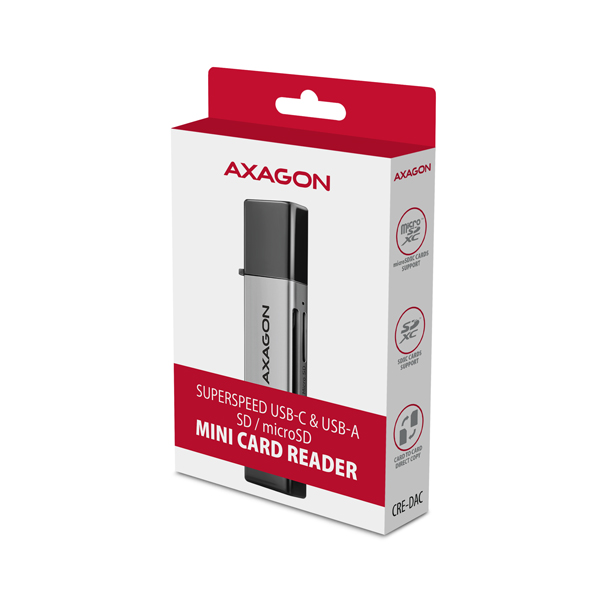 CRE-DAC-B_box-600 AXAGON CRE-DAC, USB-C + USB-A, 5 Gbps - MINI čtečka karet, 2-slot & lun SD/microSD, podpora UHS-I