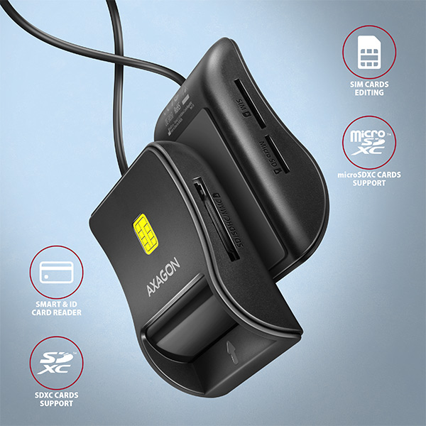 CRE-SM3SD-01_boky-600 AXAGON CRE-SM3SD, USB-A FlatReader čtečka Smart card (eObčanka) + SD/microSD/SIM, kabel 1.3 m