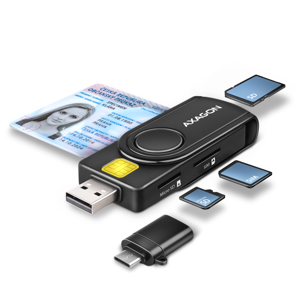 CRE-SMP2A-00_hlavni-600_s AXAGON CRE-SMP2A, USB-A + USB-C PocketReader 4-slot čtečka Smart card (eObčanka) + SD/microSD/SIM