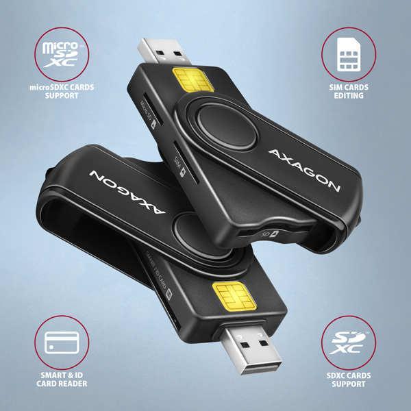 CRE-SMP2A-01_front-600b AXAGON CRE-SMP2A, USB-A + USB-C PocketReader 4-slot čtečka Smart card (eObčanka) + SD/microSD/SIM