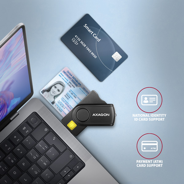 CRE-SMP2A-03_ntb-600 AXAGON CRE-SMP2A, USB-A + USB-C PocketReader 4-slot čtečka Smart card (eObčanka) + SD/microSD/SIM