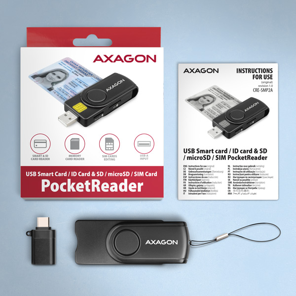 CRE-SMP2A-A_all-600 AXAGON CRE-SMP2A, USB-A + USB-C PocketReader 4-slot čtečka Smart card (eObčanka) + SD/microSD/SIM