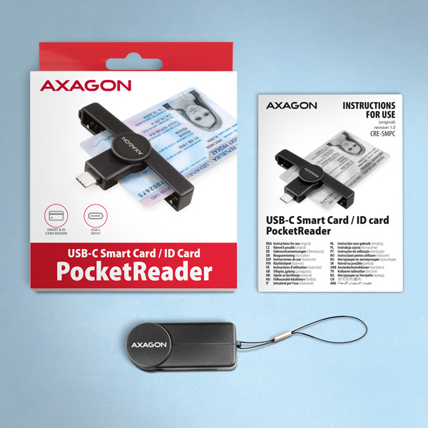 CRE-SMPC-A_all-600 AXAGON CRE-SMPC, USB-C PocketReader čtečka kontaktních karet Smart card (eObčanka, eID klient)