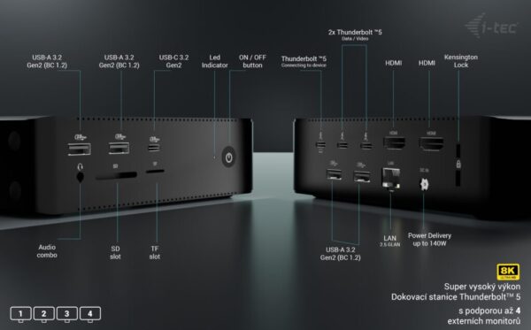 i-tec Thunderbolt5 Quattro Display Docking Station, 5x USB, 2.5 GLAN, Power Delivery 140W
