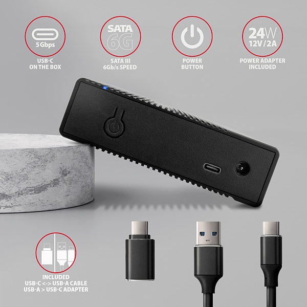 EE35-GTR-04_porty-600 AXAGON EE35-GTR, USB-C 5Gbps - SATA 6G 3.5" RIBBED box, černý