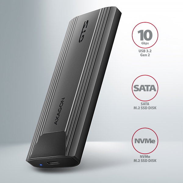 EEM2-GTS2-01_front-600 AXAGON EEM2-GTS2, USB-C 10Gbps - M.2 NVMe & SATA SSD kovový THIN box, bezšroubkový