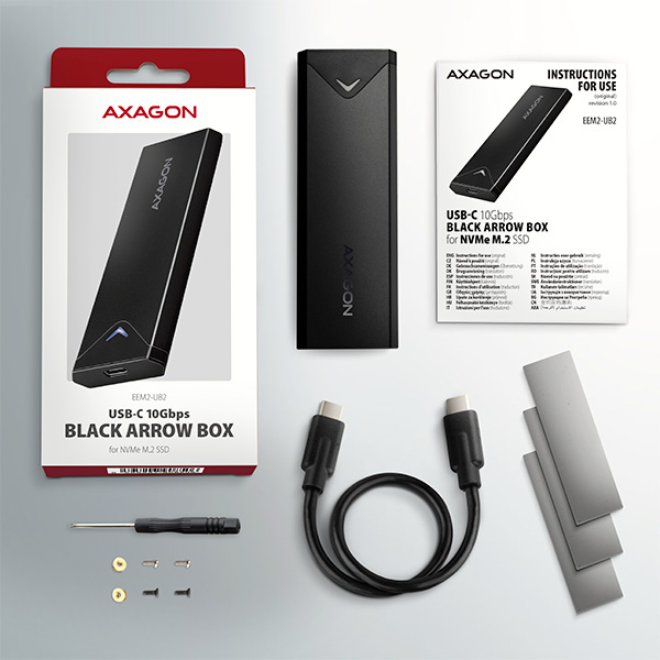 EEM2-UB2-A_All-600 AXAGON EEM2-UB2, USB-C 10Gbps - M.2 NVMe SSD ARROW box, černý