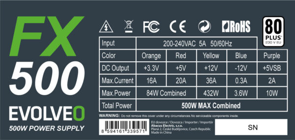 EVOLVEO FX 500,zdroj 500W ATX,14cm,80+,White,3YRW