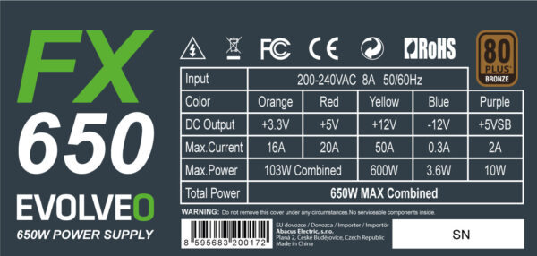 EVOLVEO FX 650,zdroj650W ATX,14cm,80+,Bronze,3YRW