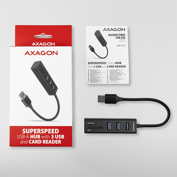 AXAGON HMA-CR3A, USB 3.2 Gen 1 hub, porty 3x USB-A + čtečka karet SD/microSD, kovový, kabel USB-A 20