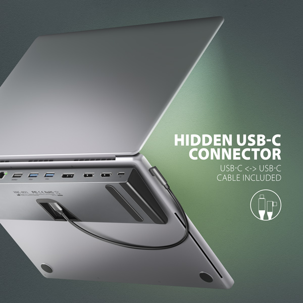 HMC-4K3X-11_spodek-600 AXAGON HMC-4KX3 USB 5Gbps hub, 3x USB-A, 2x HDMI, DP, RJ-45, SD/microSD, audio, PD 100W, kabel 40cm