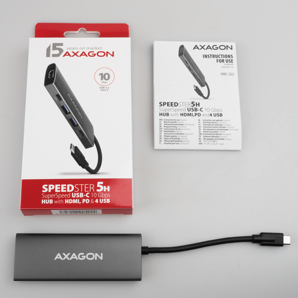 AXAGON HMC-5G21, USB 10Gb/s hub, porty 2x USB-A, 2x USB-C, HDMI 4k/30, PD 60W, kabel USB-C 13cm