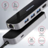 HMC-6GL-01_front-600 AXAGON HMC-6GL, USB 3.2 Gen 1 hub, 3x USB-A, HDMI 4k/30Hz, RJ-45 GLAN, PD 100W, kabel USB-C 20cm