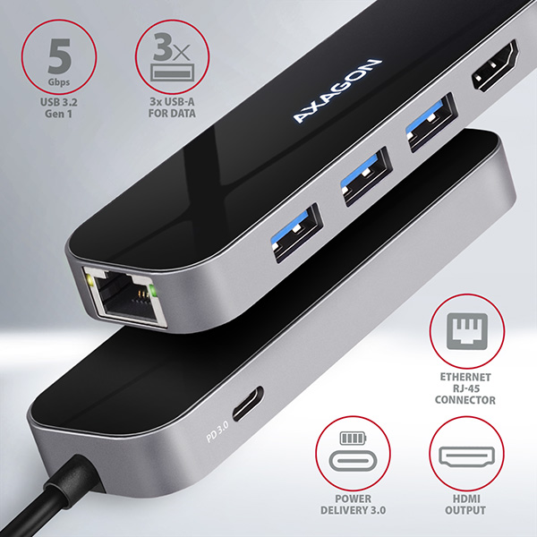 HMC-6GL-01_front-600 AXAGON HMC-6GL, USB 3.2 Gen 1 hub, 3x USB-A, HDMI 4k/30Hz, RJ-45 GLAN, PD 100W, kabel USB-C 20cm